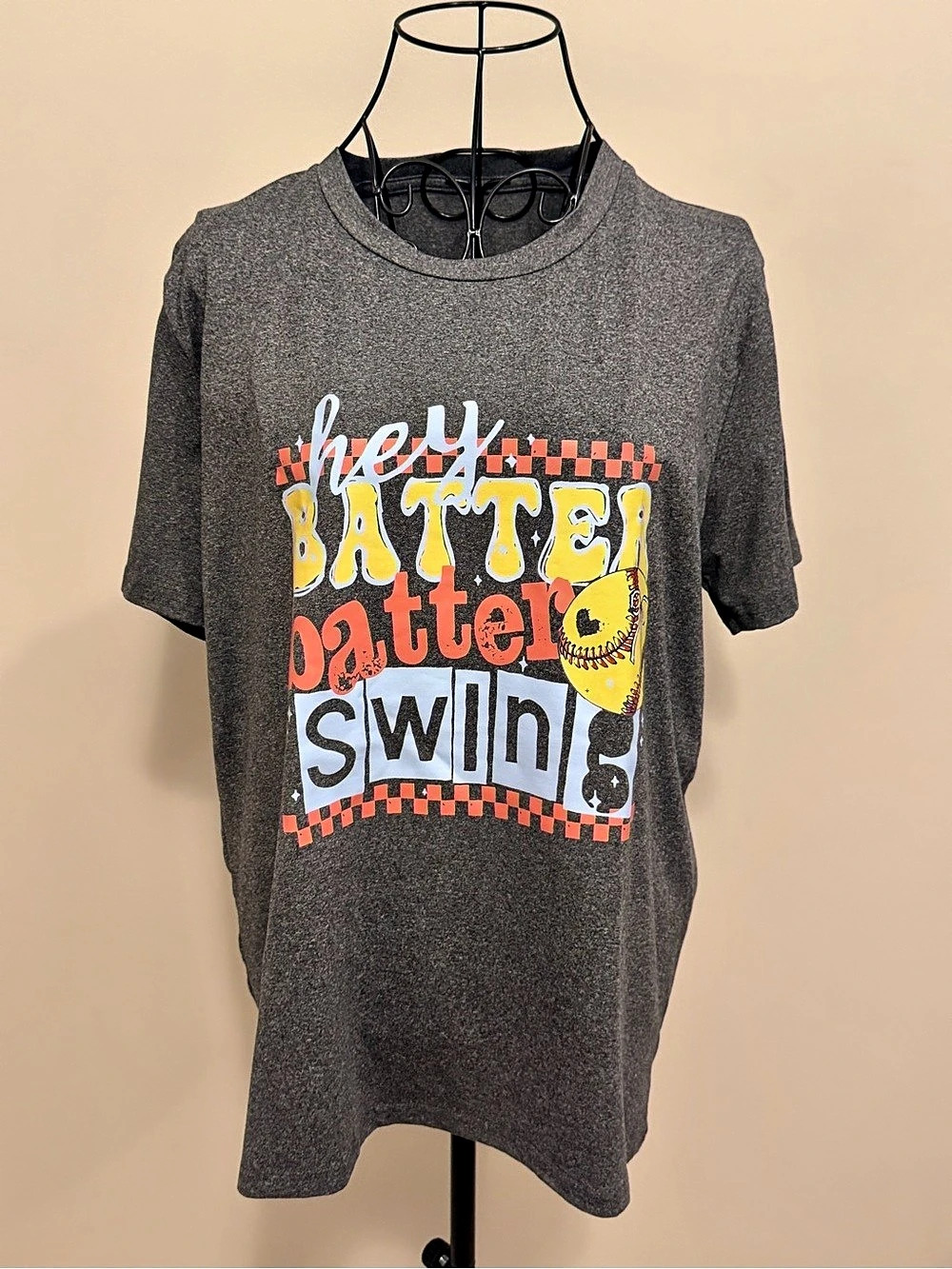 Hey Batter Batter Swing Softball Graphic Print Gray Crew Neck Short Sleeve Tee L